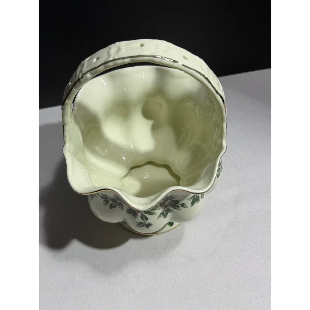 Living Quarters Christmas Holly Ceramic Basket Gold Trim Scalloped Candy Dish
